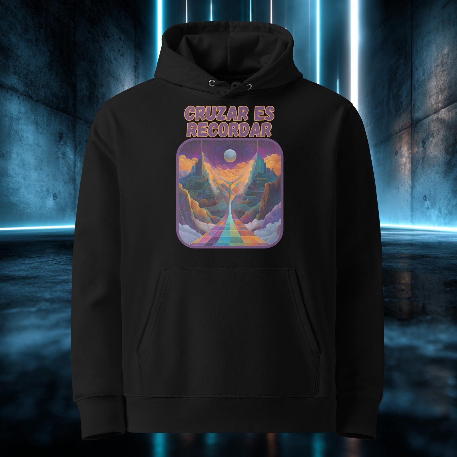 Sudadera orgánica con diseño Cruzar Es Recordar — detalle del estampado