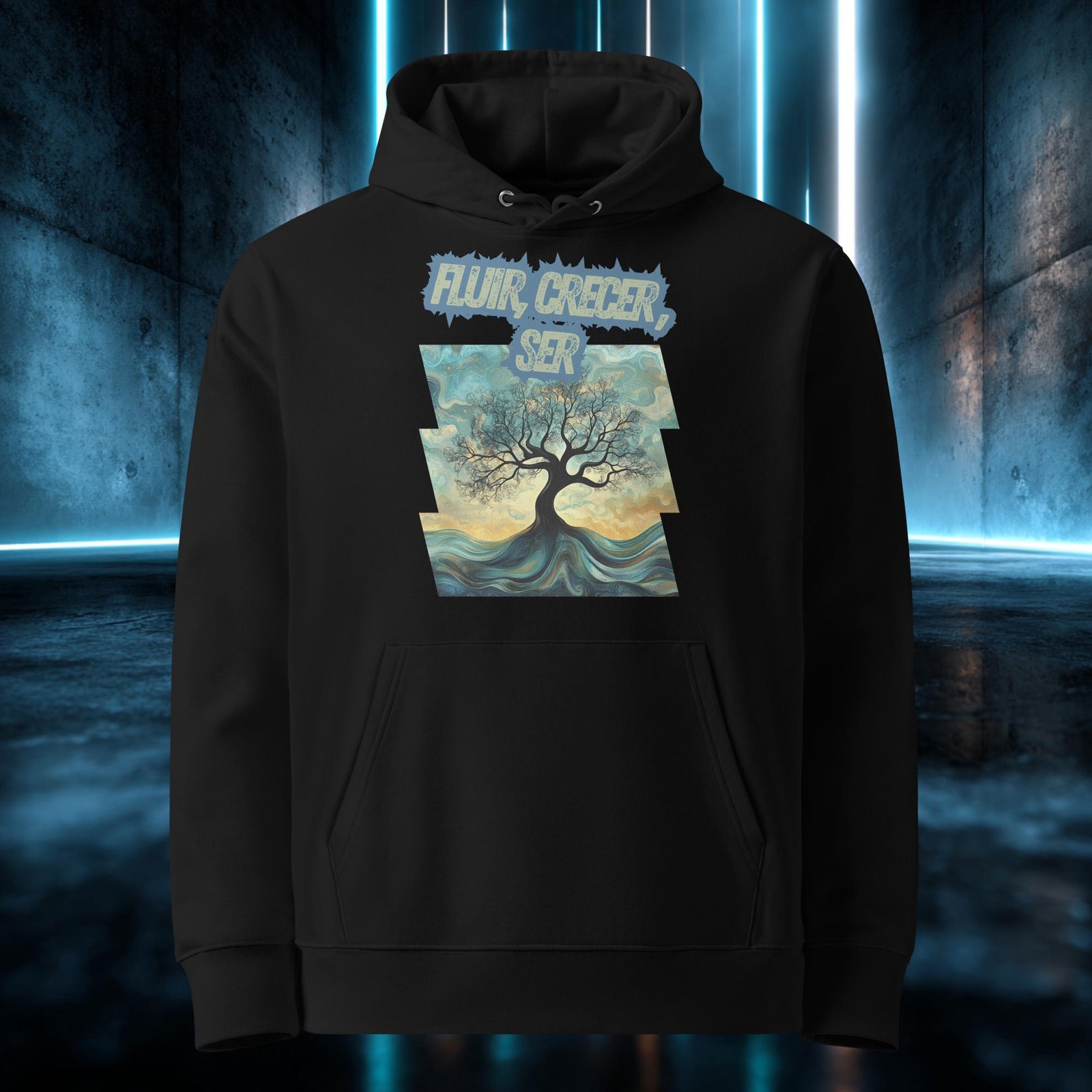 Sudadera orgánica con diseño Fluir, Crecer, Ser — detalle del estampado