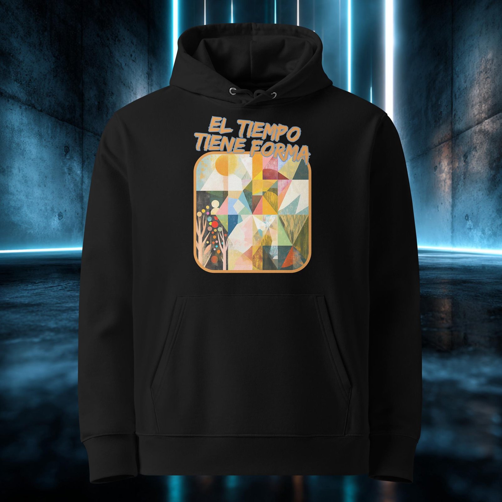 Sudadera orgánica con diseño El Tiempo Tiene Forma — detalle del estampado