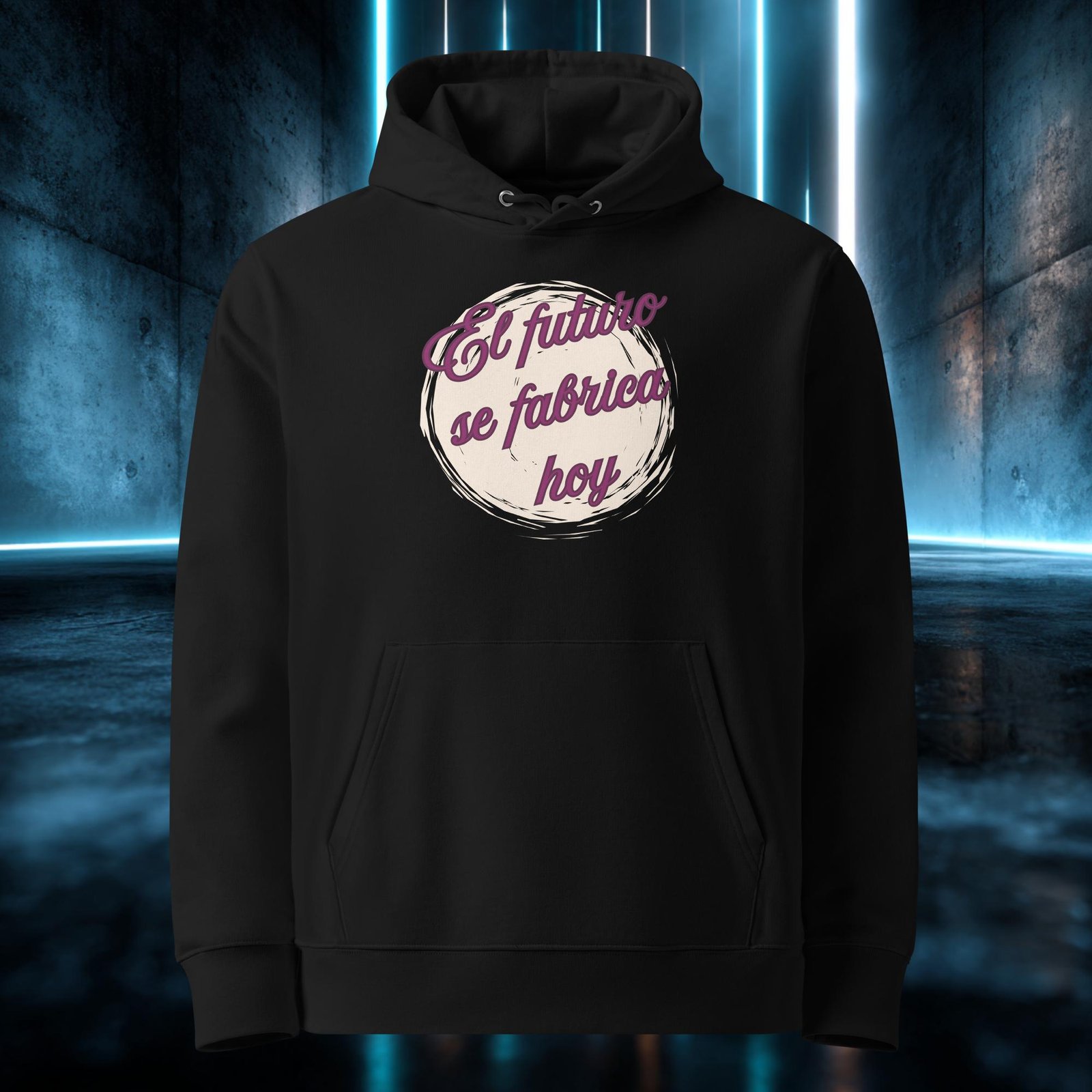Sudadera orgánica con diseño El Futuro Se Fabrica Hoy — detalle del estampado