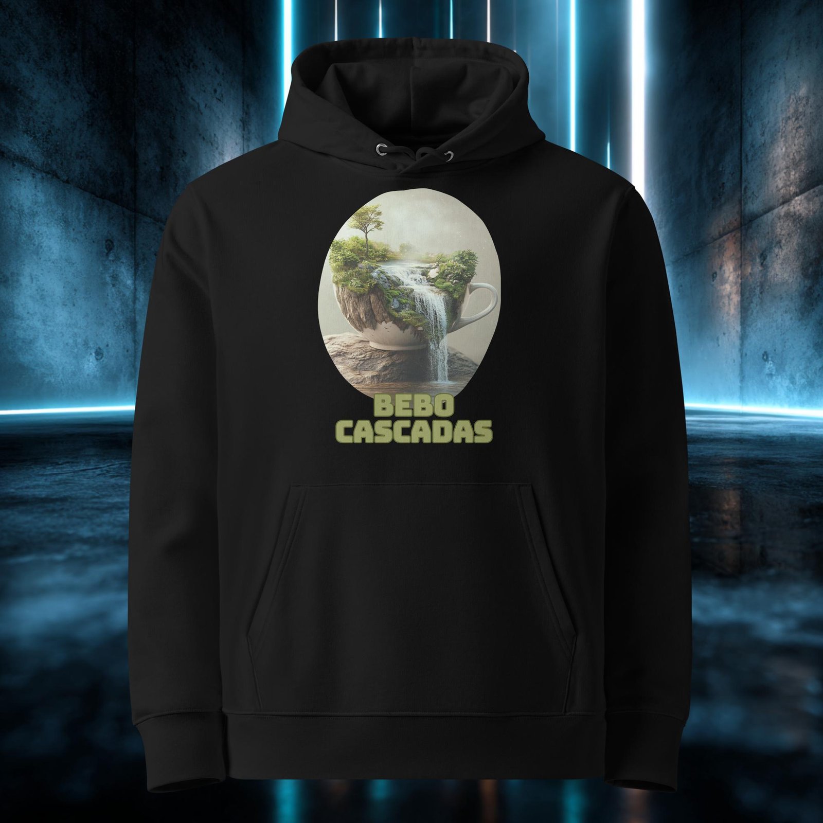 Sudadera orgánica con diseño Bebo Cascadas — detalle del estampado