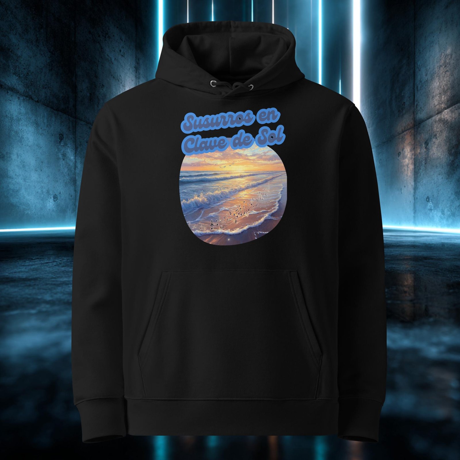 Sudadera orgánica con diseño Susurros en Clave de Sol — detalle del estampado