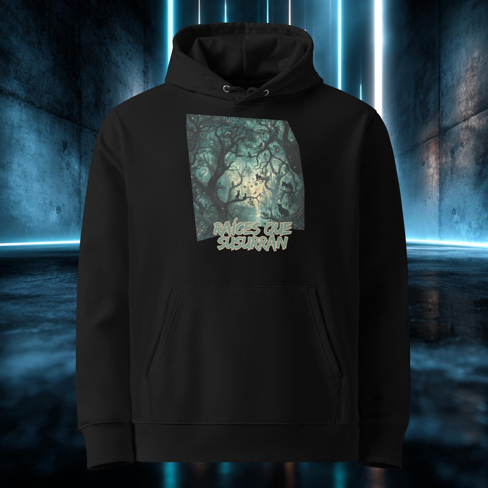 Sudadera orgánica con diseño Raíces que Susurran — detalle del estampado