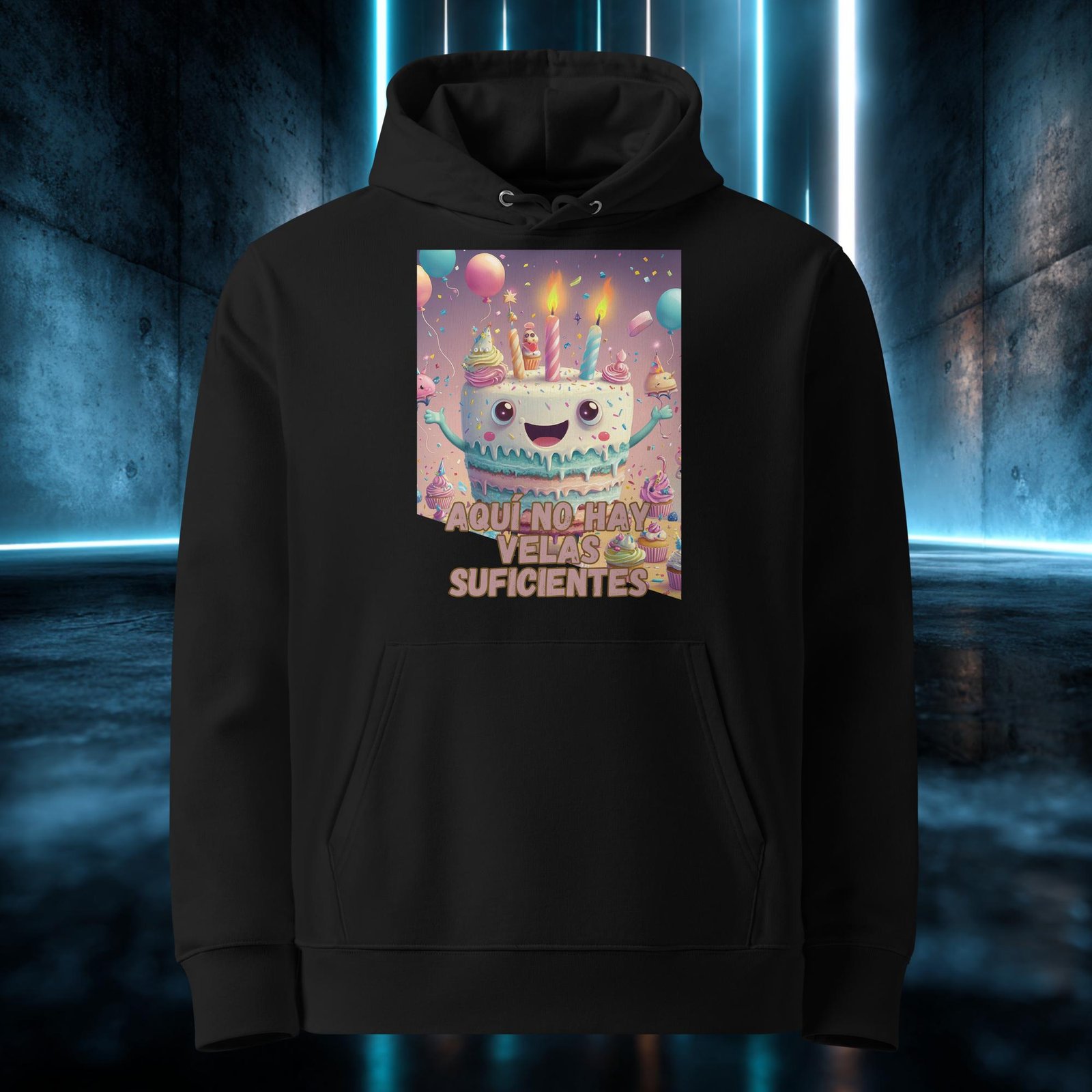 Sudadera orgánica con diseño Aquí No Hay Velas Suficientes — detalle del estampado