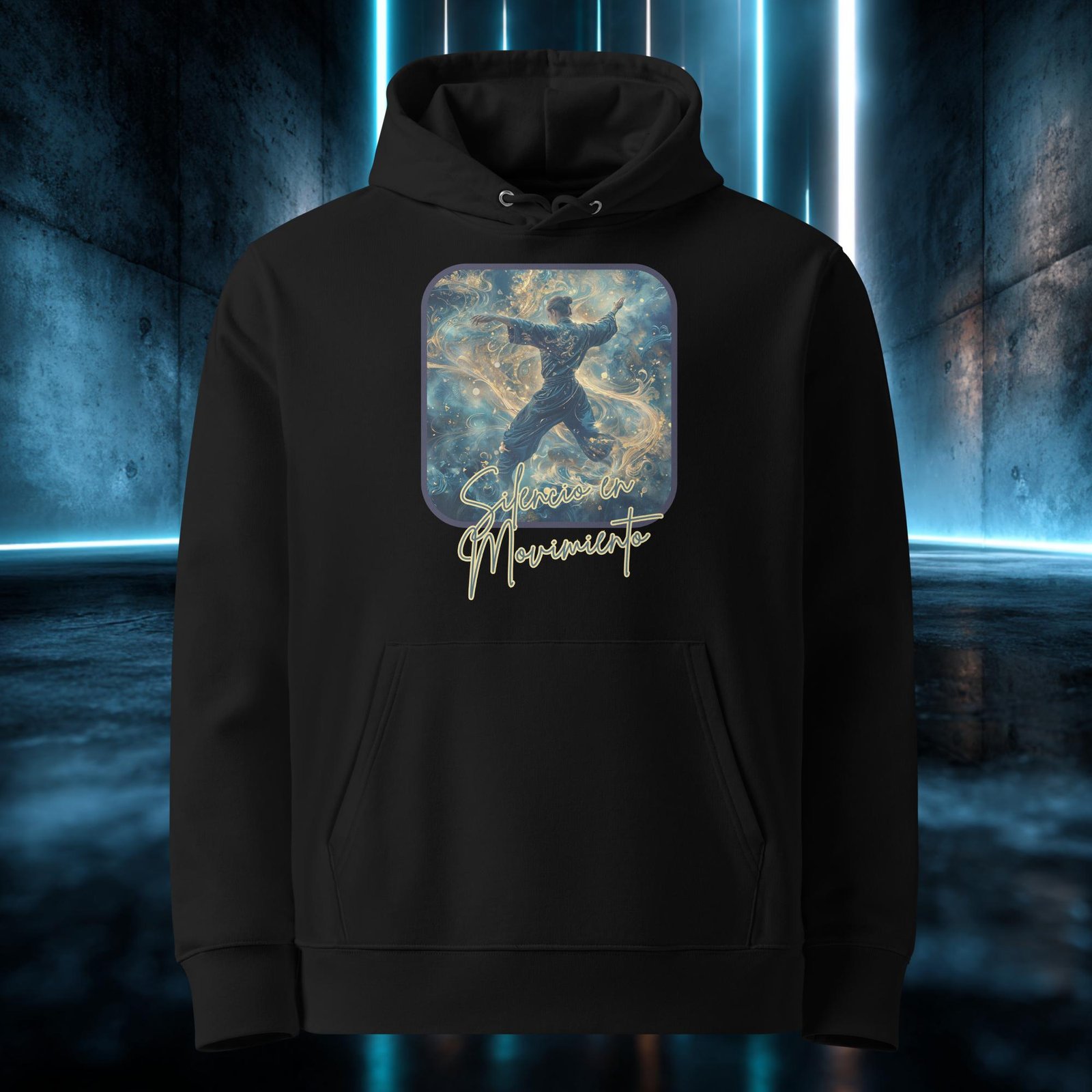 Sudadera orgánica con diseño Silencio en Movimiento — detalle del estampado