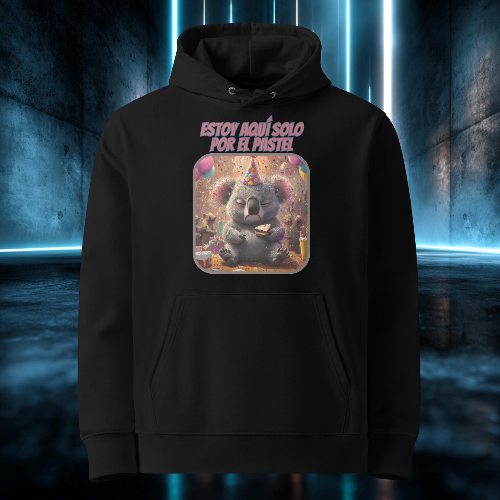 Sudadera orgánica con diseño Estoy Aquí Solo por el Pastel — detalle del estampado