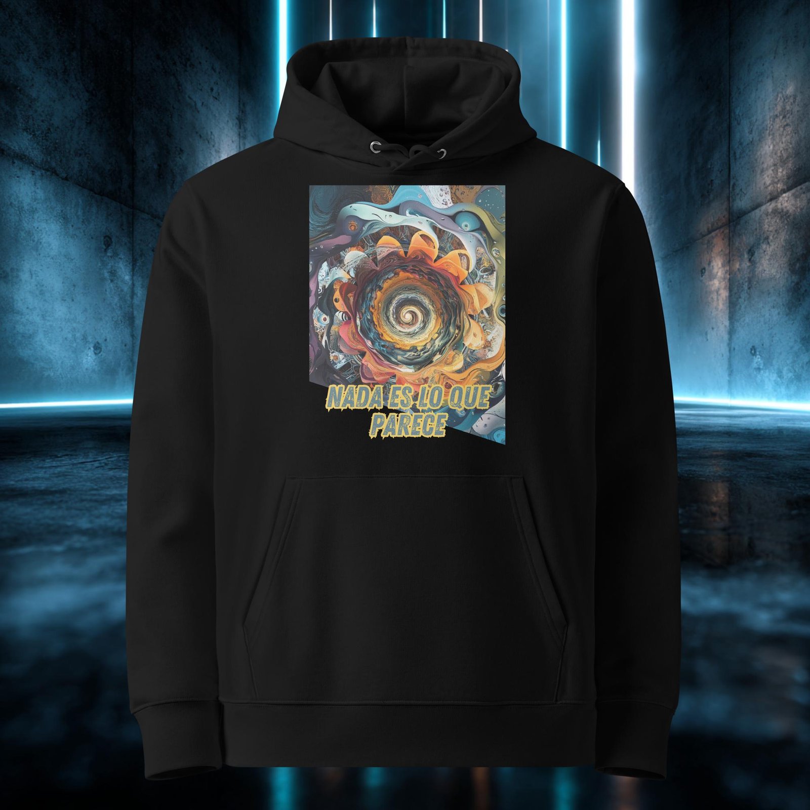 Sudadera orgánica con diseño Nada Es Lo Que Parece — detalle del estampado