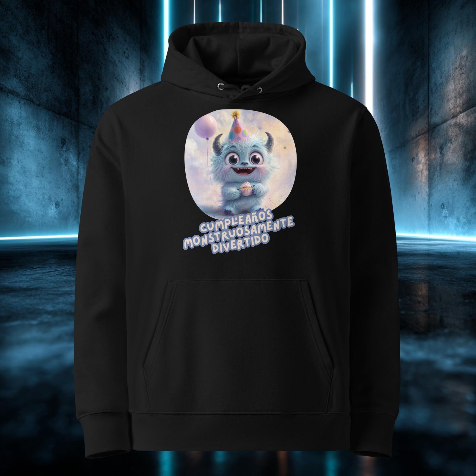 Sudadera orgánica con diseño Cumpleaños Monstruosamente Divertido — detalle del estampado
