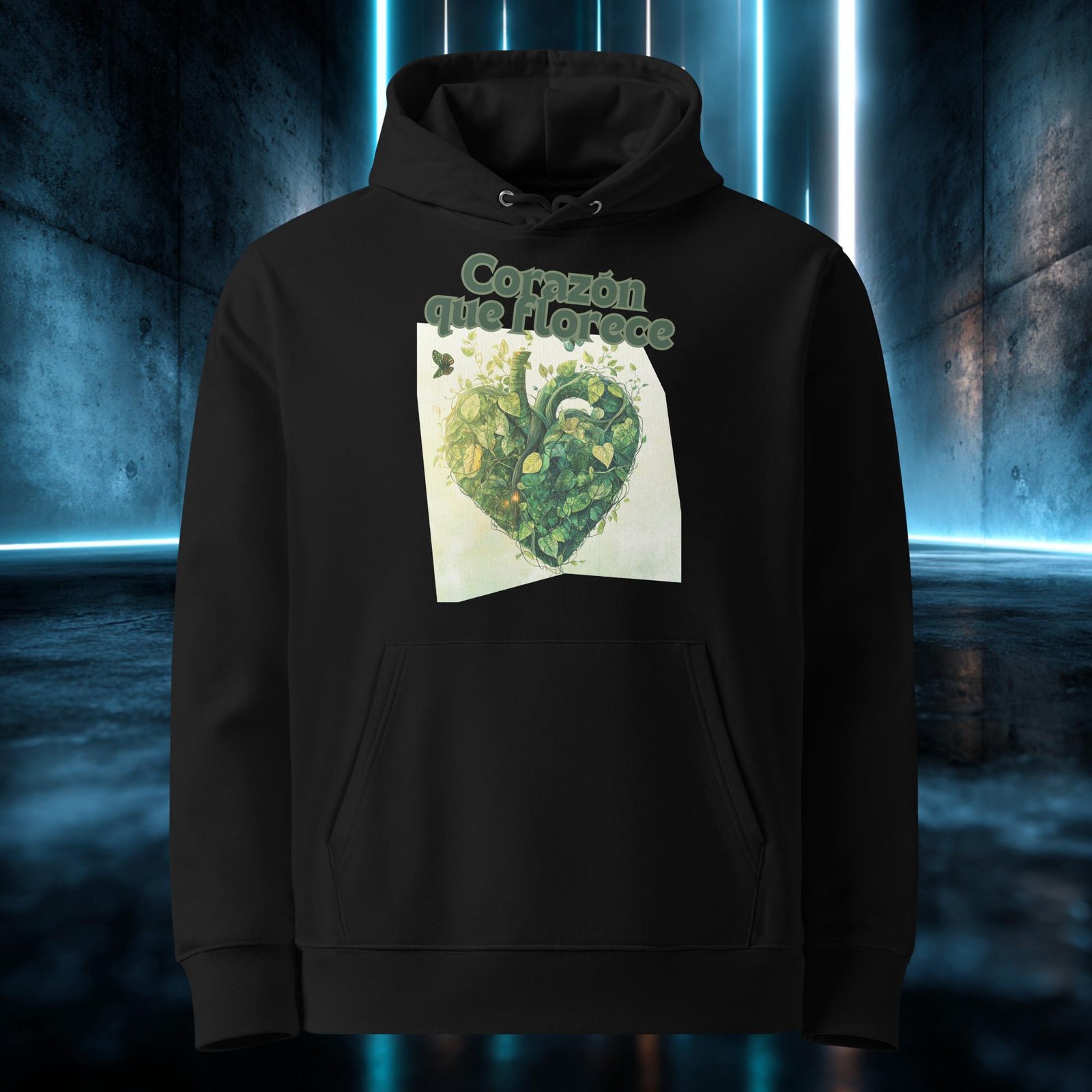 Sudadera orgánica con diseño Corazón que Florece — detalle del estampado
