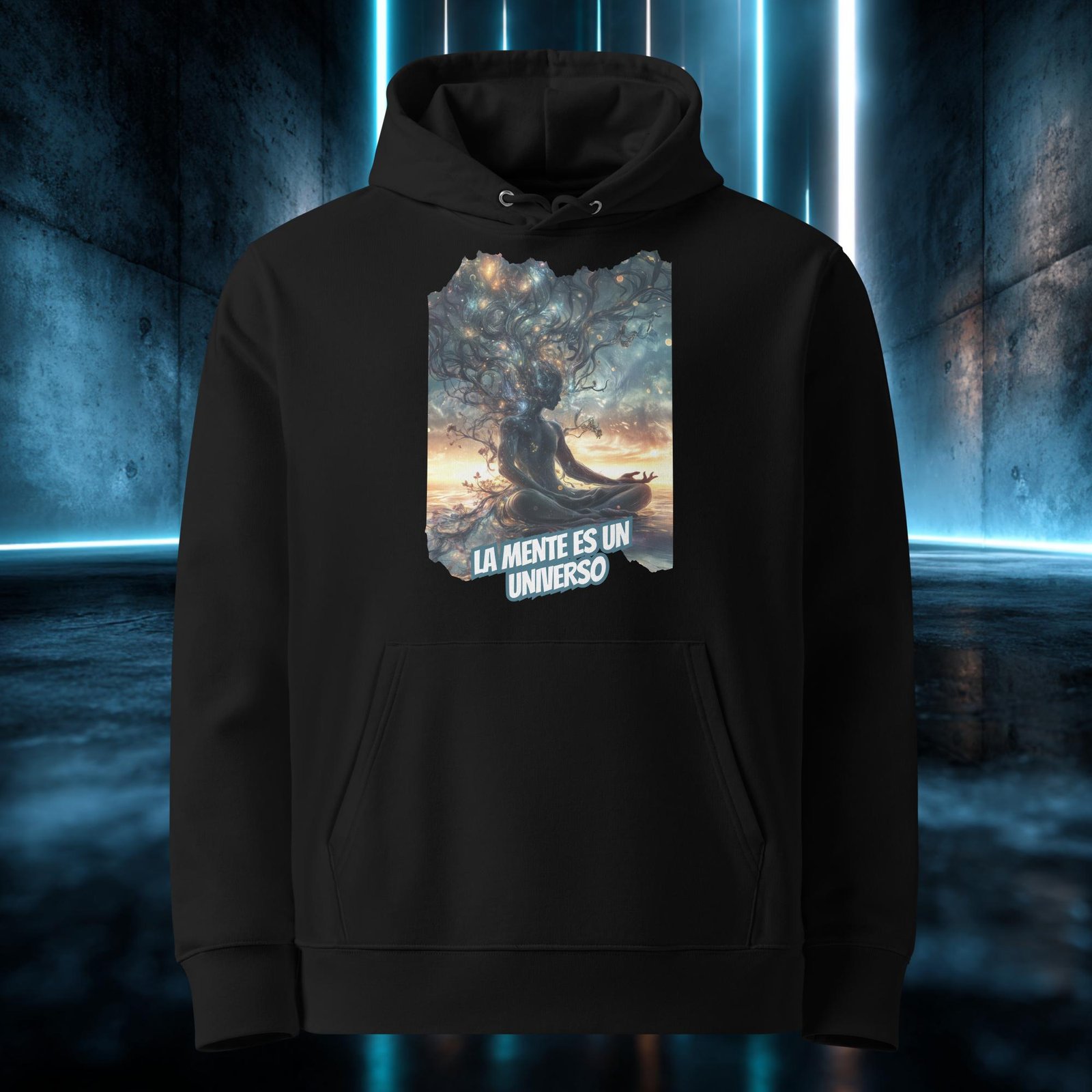 Sudadera orgánica con diseño La Mente Es un Universo — detalle del estampado