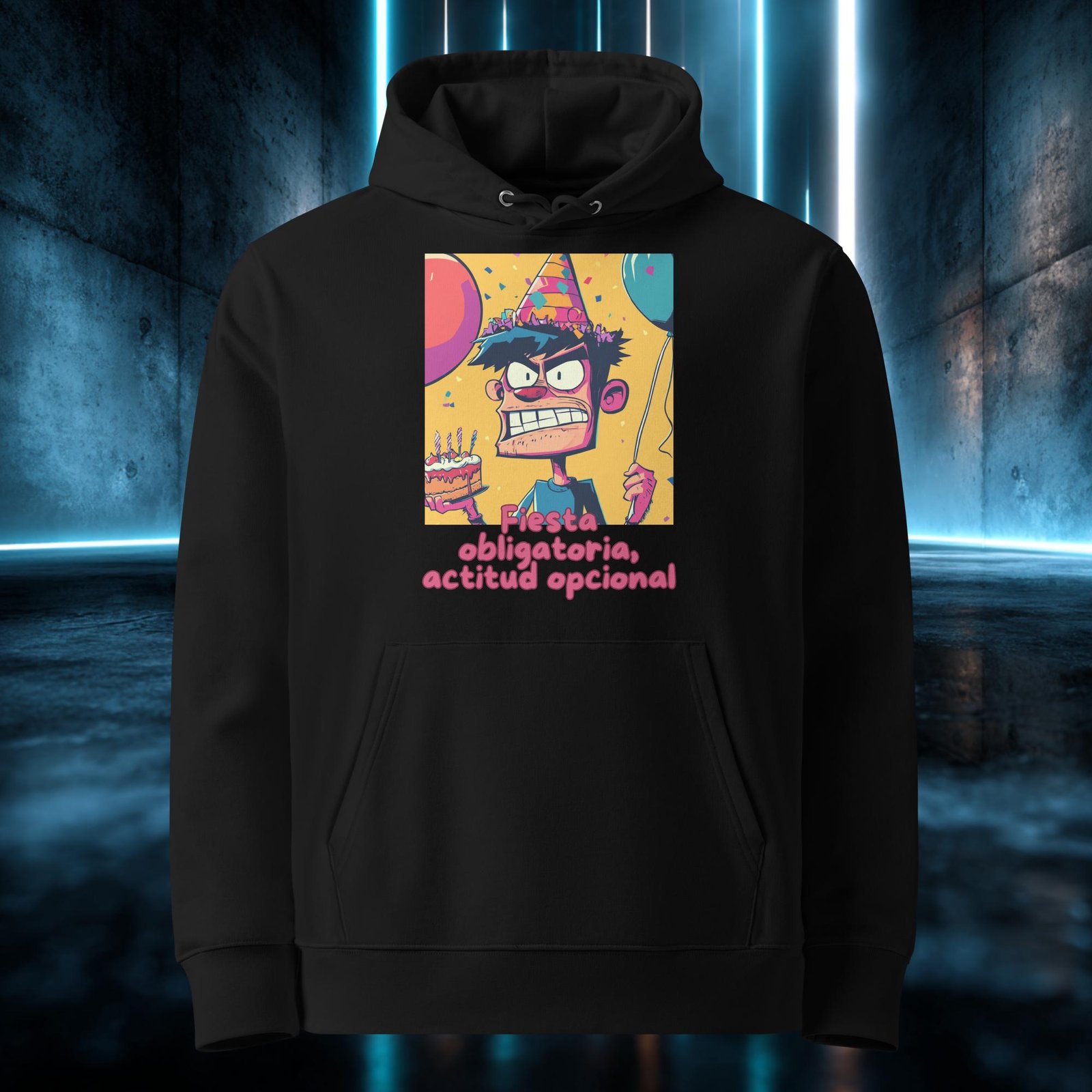 Sudadera orgánica con diseño Fiesta Obligatoria, Actitud Opcional — detalle del estampado