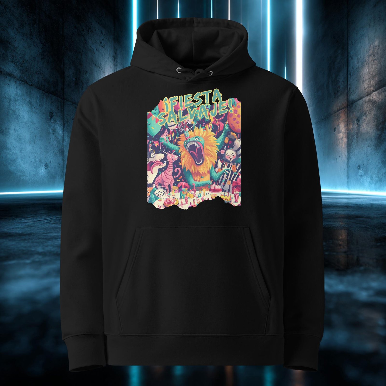 Sudadera orgánica con diseño Fiesta Salvaje — detalle del estampado