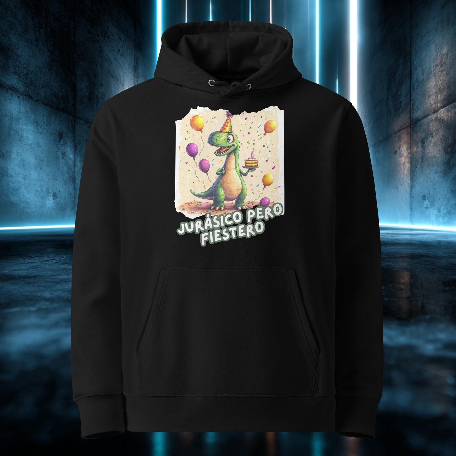 Sudadera orgánica con diseño Jurásico pero Fiestero — detalle del estampado