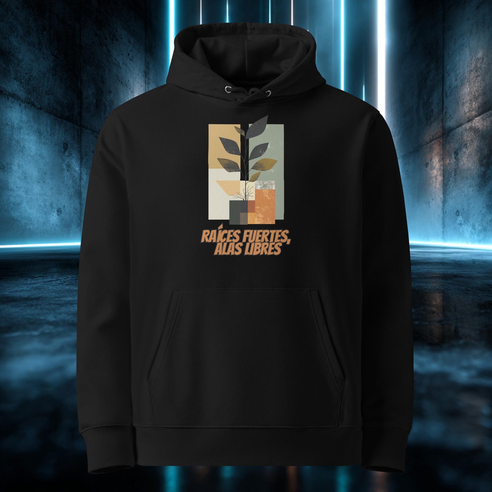 Sudadera orgánica con diseño Raíces Fuertes, Alas Libres — detalle del estampado