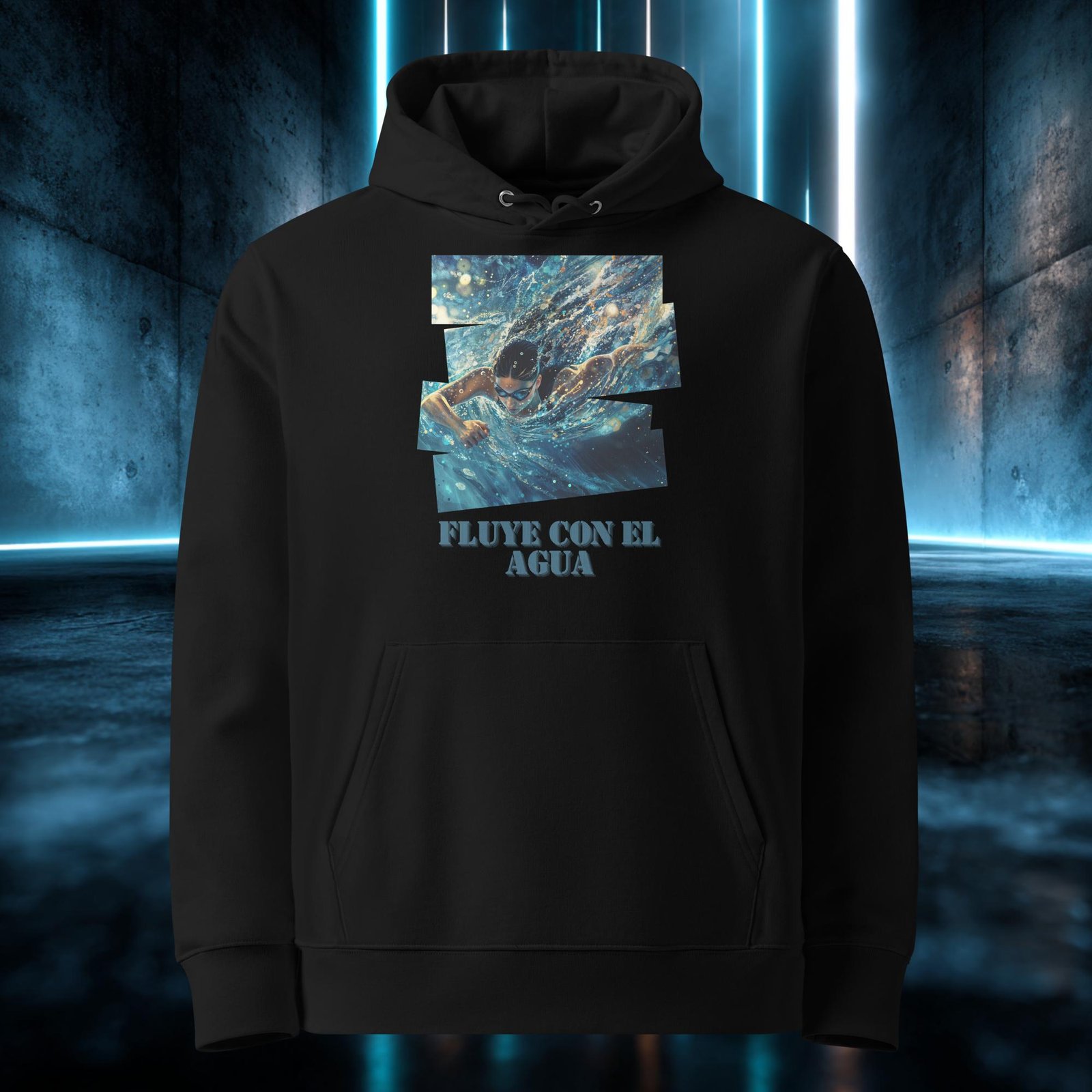 Sudadera orgánica con diseño Fluye con el Agua — detalle del estampado