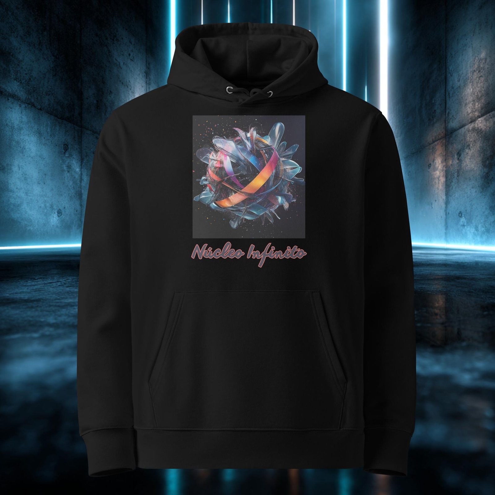 Sudadera orgánica con diseño Núcleo Infinito — detalle del estampado