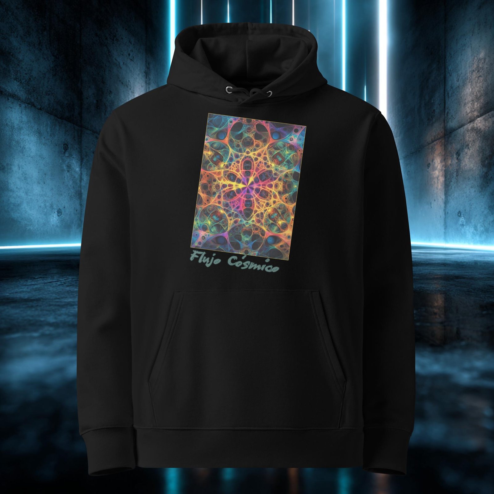 Sudadera orgánica con diseño Flujo Cósmico — detalle del estampado