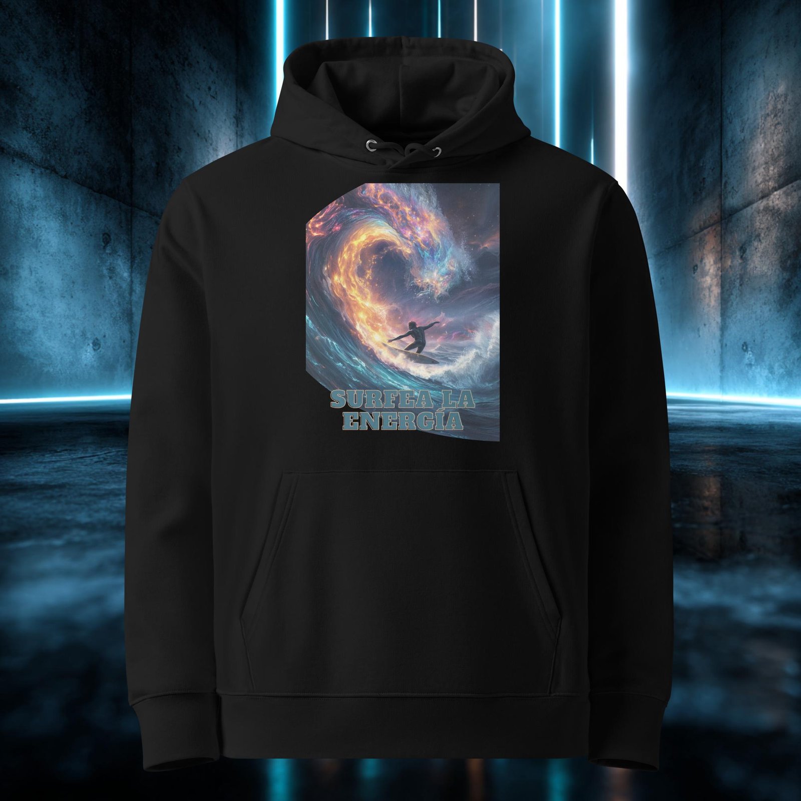 Sudadera orgánica con diseño Surfea la Energía — detalle del estampado