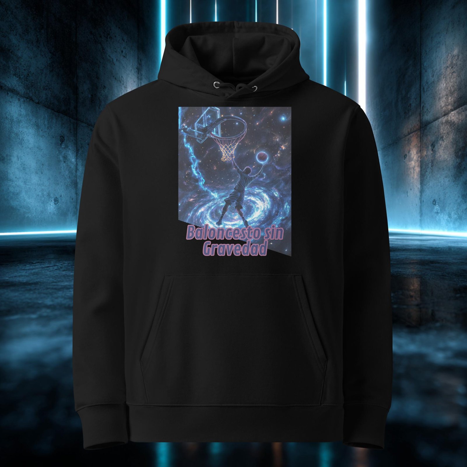 Sudadera orgánica con diseño Baloncesto sin Gravedad — detalle del estampado