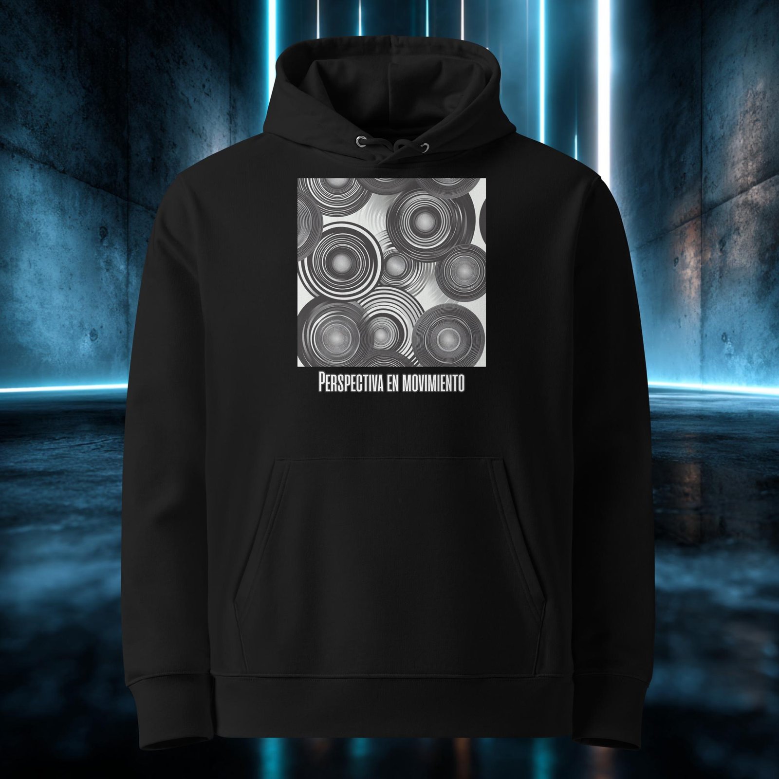 Sudadera orgánica con diseño Perspectiva en Movimiento — detalle del estampado