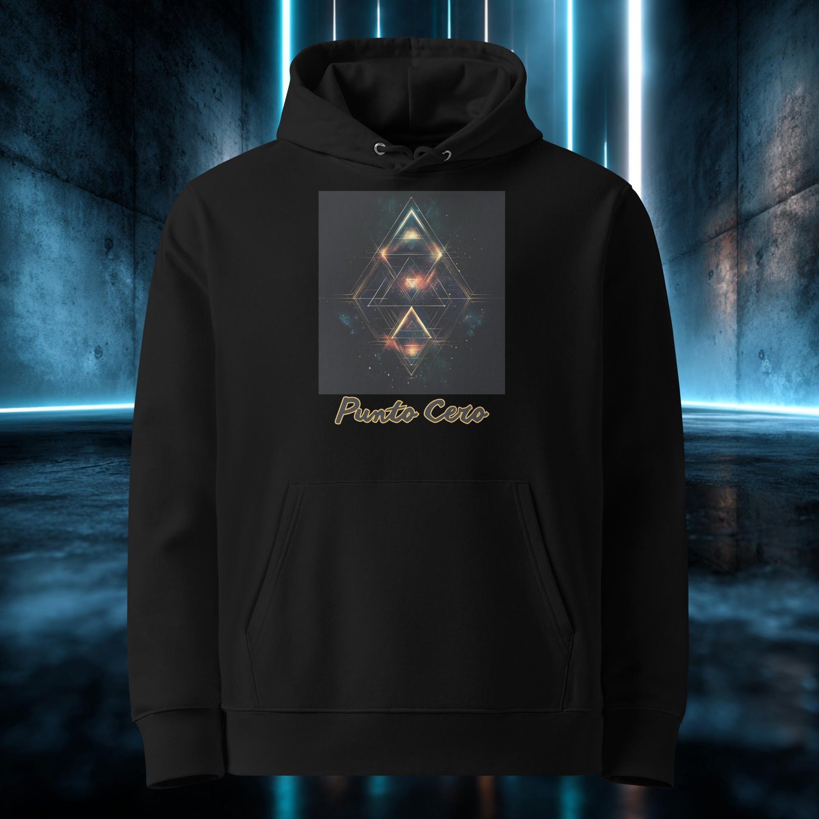 Sudadera orgánica con diseño Punto Cero — detalle del estampado
