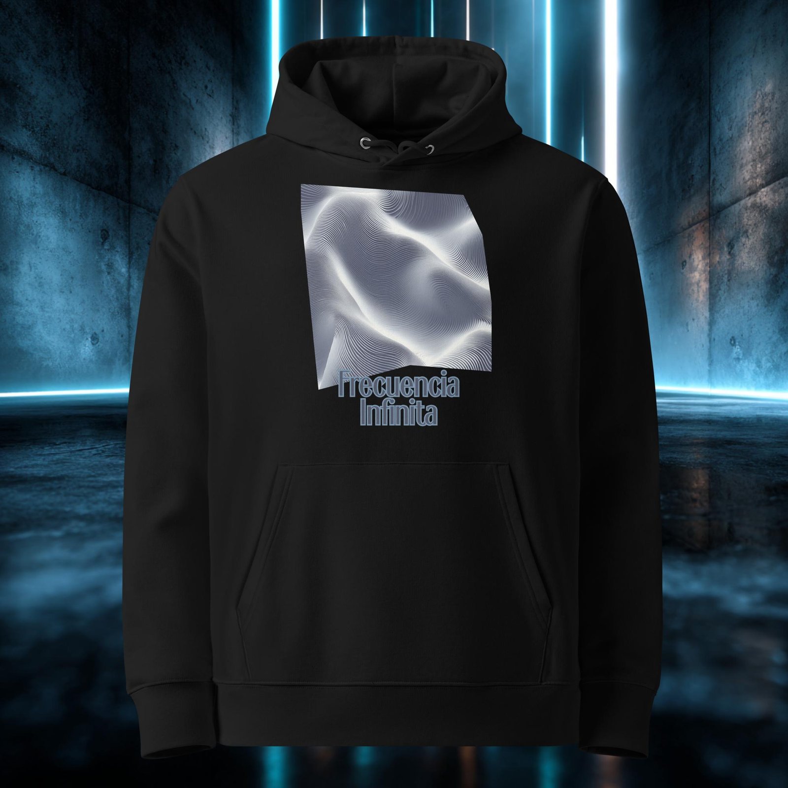 Sudadera orgánica con diseño Frecuencia Infinita — detalle del estampado