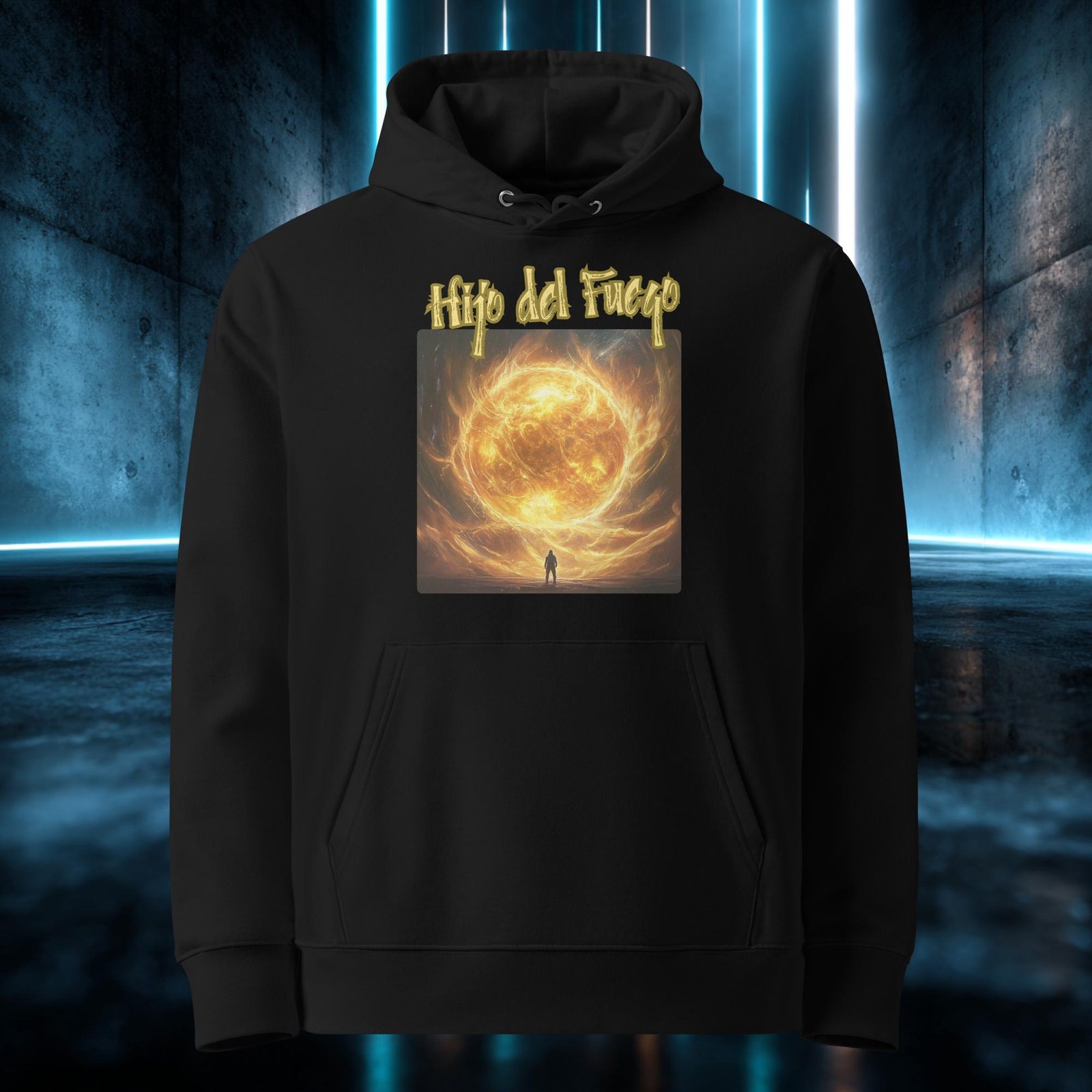 Sudadera orgánica con diseño Hijo del Fuego — detalle del estampado