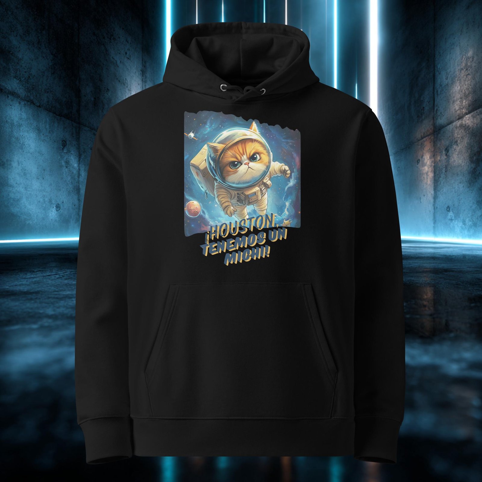 Sudadera orgánica con diseño Houston, Tenemos un Michi — detalle del estampado