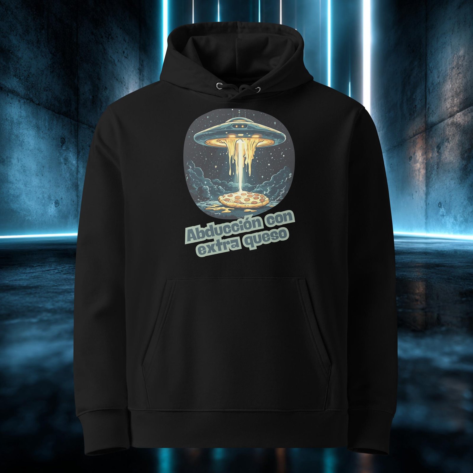 Sudadera orgánica con diseño Abducción con Extra Queso — detalle del estampado