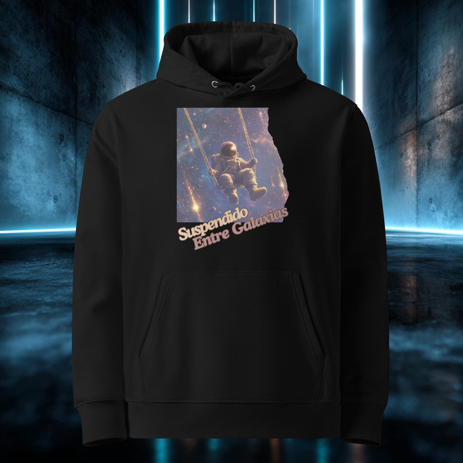 Sudadera orgánica con diseño Suspendido Entre Galaxias — detalle del estampado