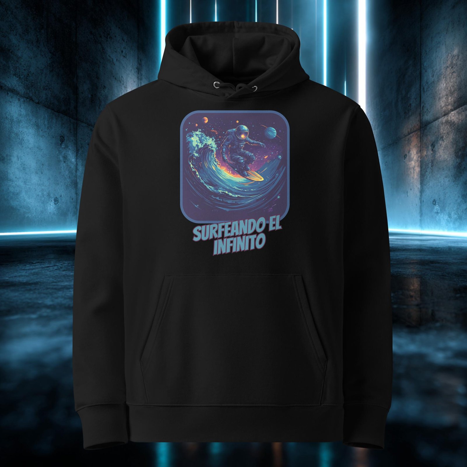 Sudadera orgánica con diseño Surfeando el Infinito — detalle del estampado