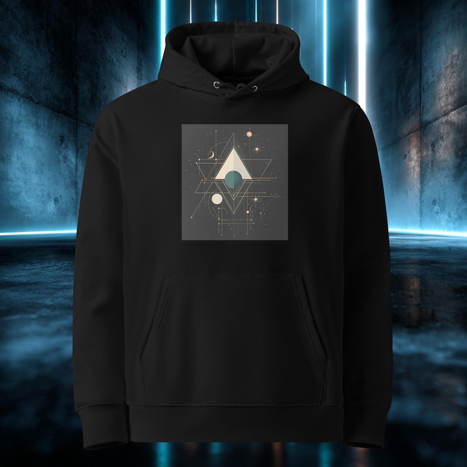 Sudadera orgánica con diseño Geometría del Vacío — detalle del estampado