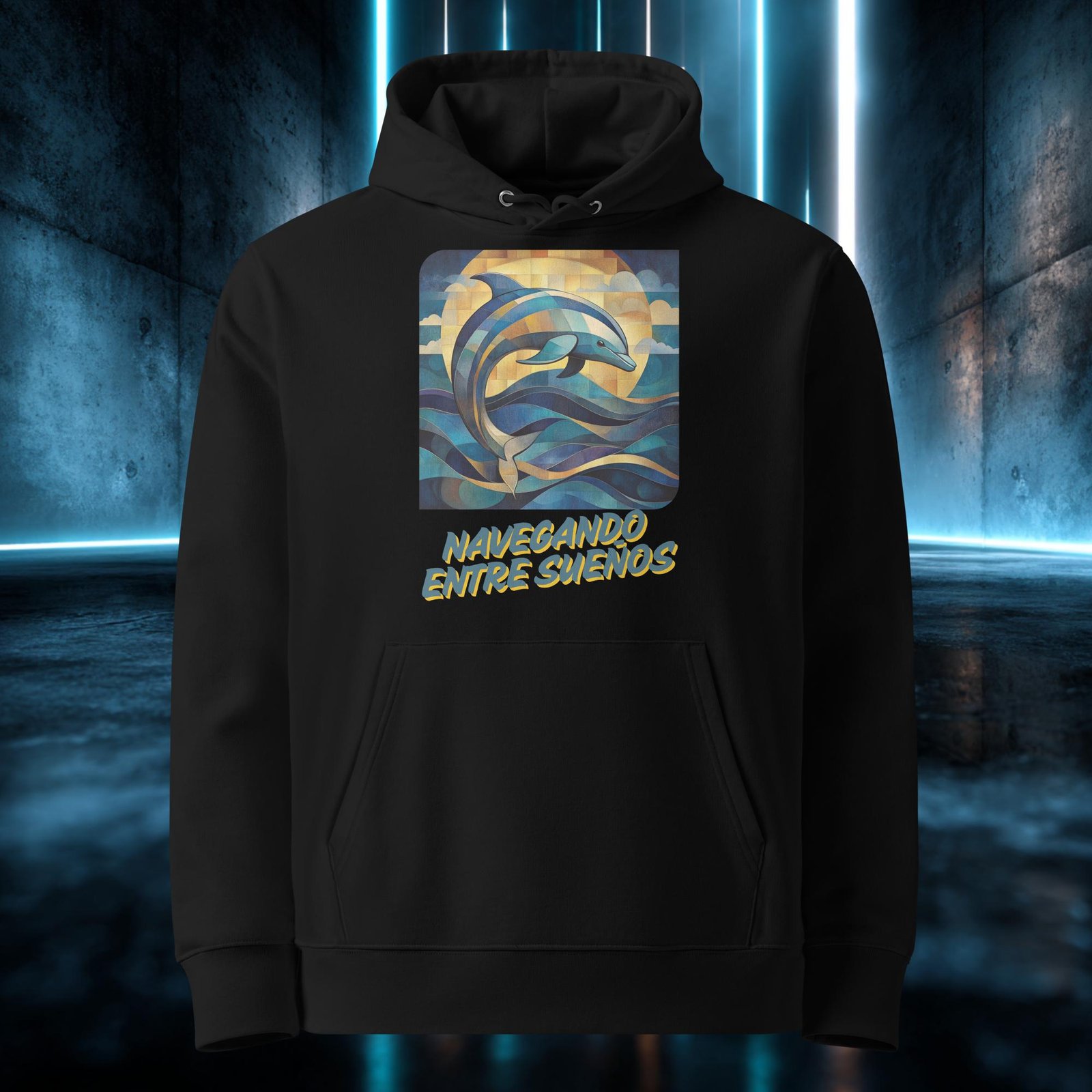 Sudadera orgánica con diseño Navegando Entre Sueños — detalle del estampado