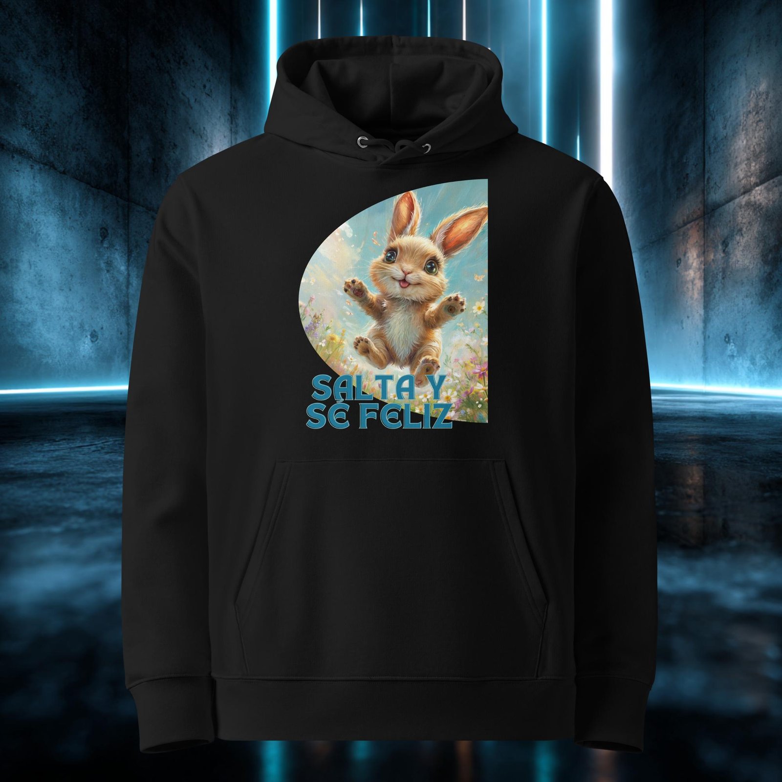 Sudadera orgánica con diseño Salta y Sé Feliz — detalle del estampado