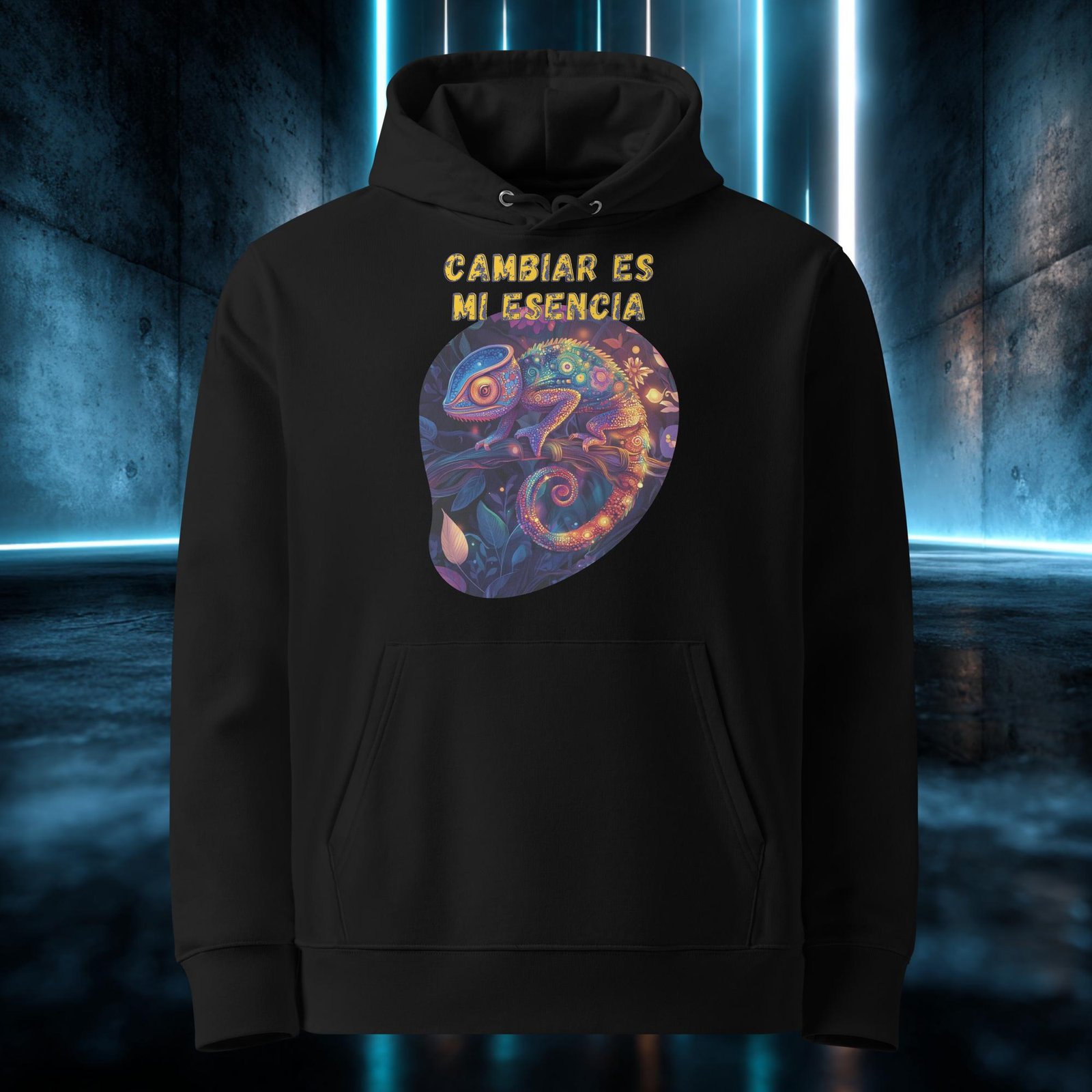 Sudadera orgánica con diseño Cambiar Es Mi Esencia — detalle del estampado