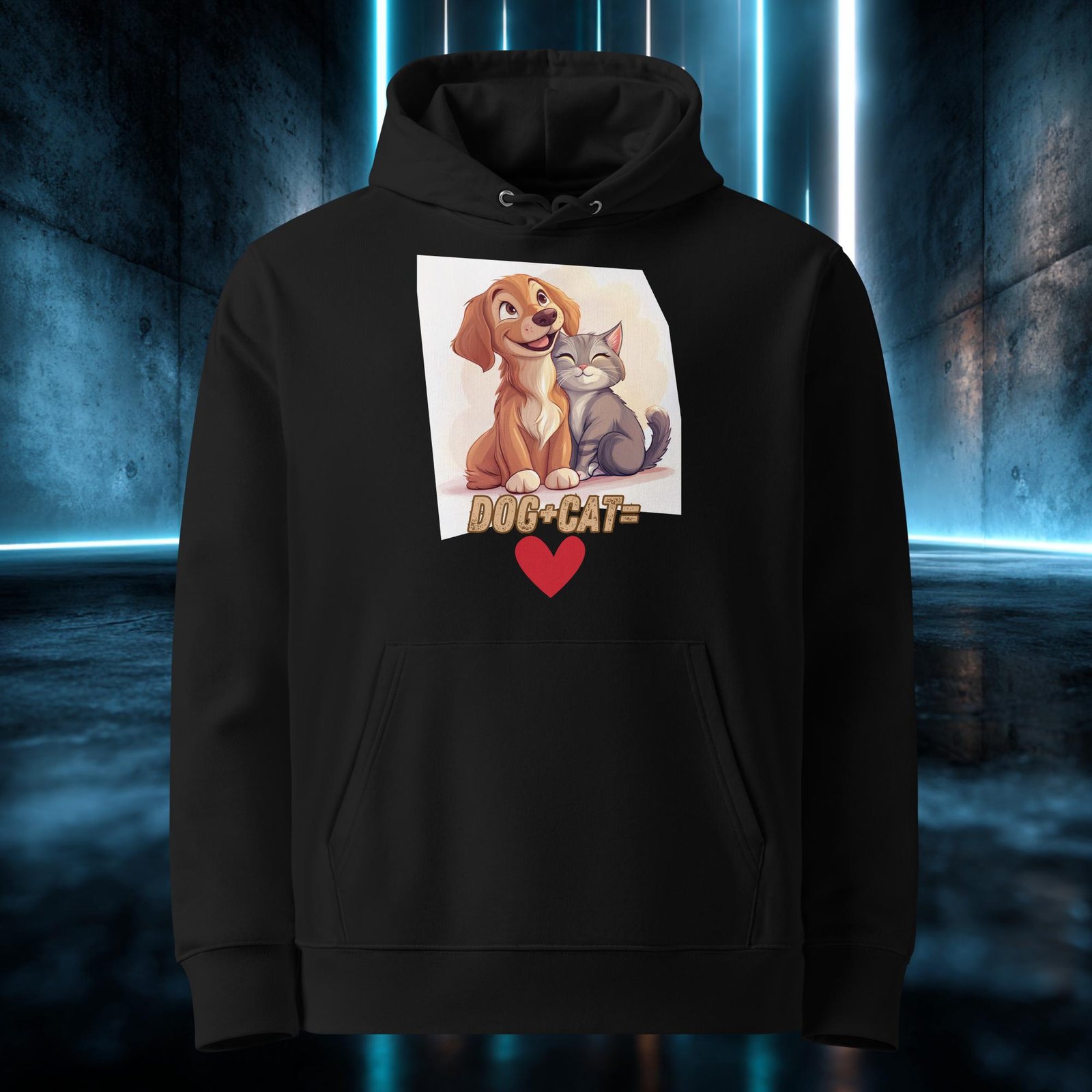 Sudadera orgánica con diseño Perro Más Gato Igual a Amor — detalle del estampado