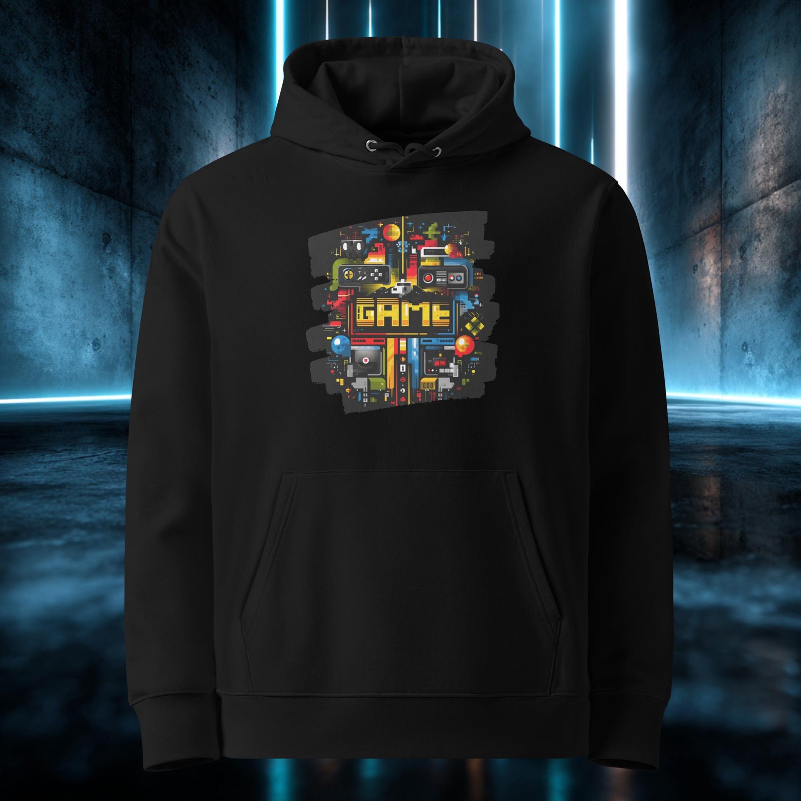 Sudadera orgánica con diseño Modo Juego — detalle del estampado