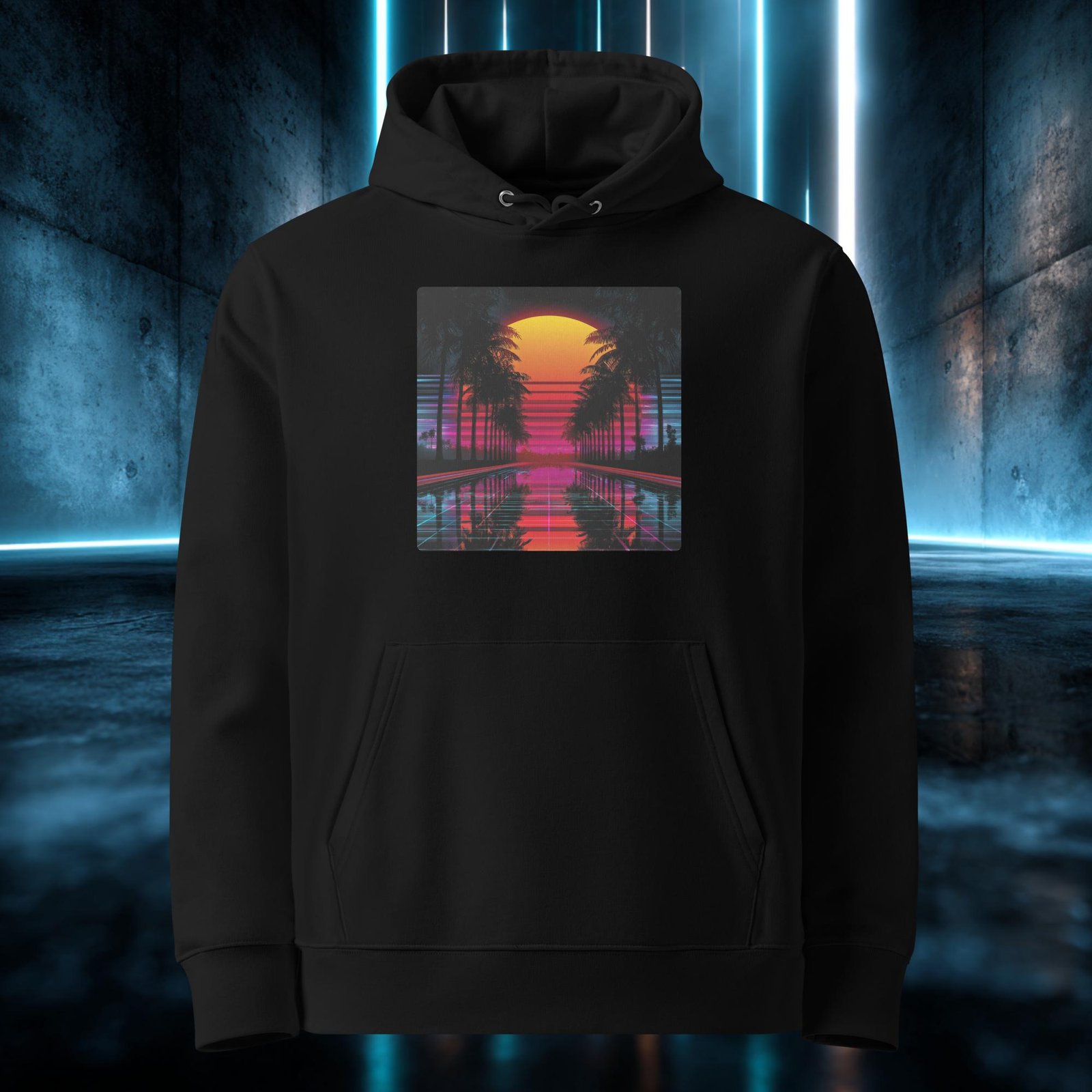 Sudadera orgánica con diseño Atardecer de Palmeras — detalle del estampado