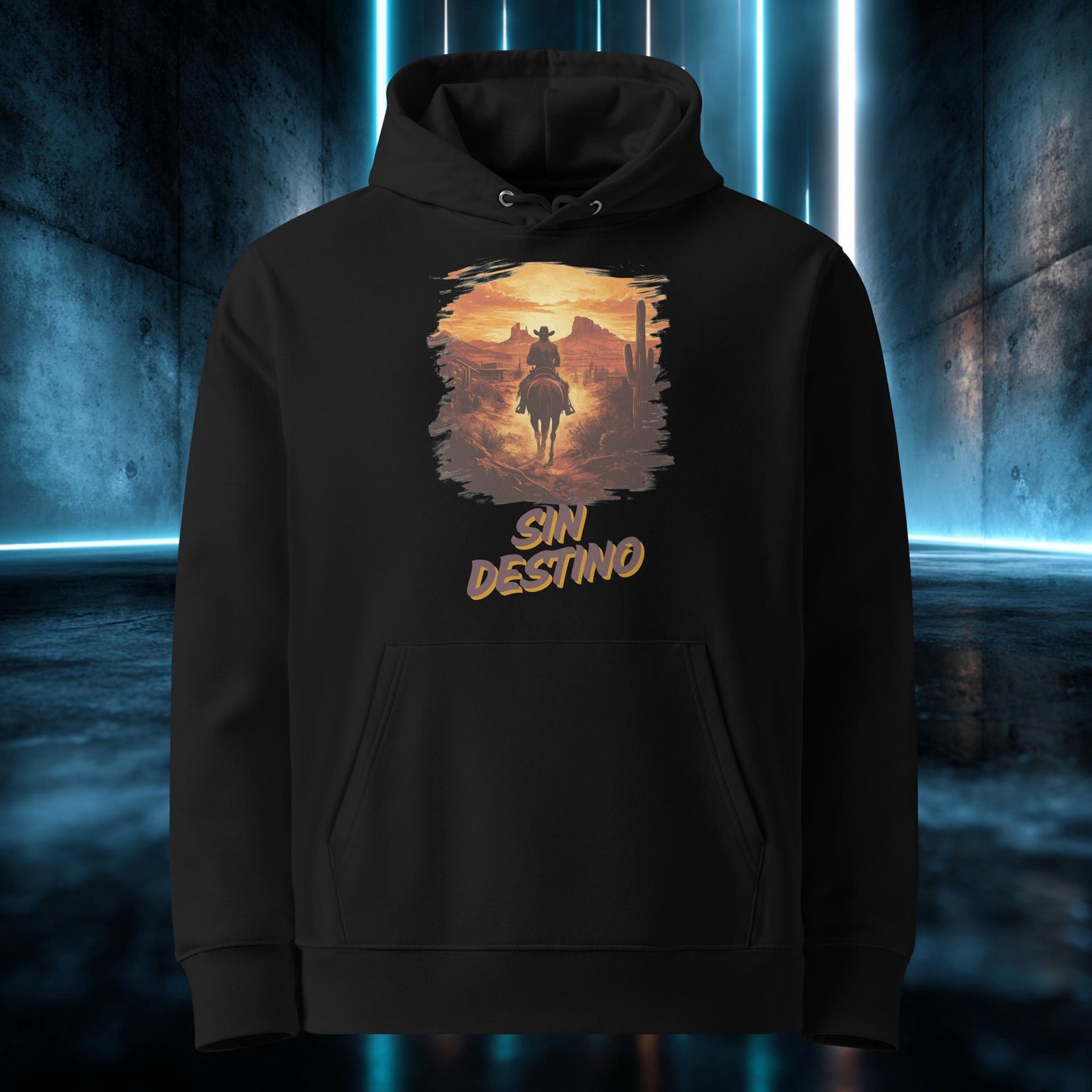 Sudadera orgánica con diseño Sin Destino — detalle del estampado