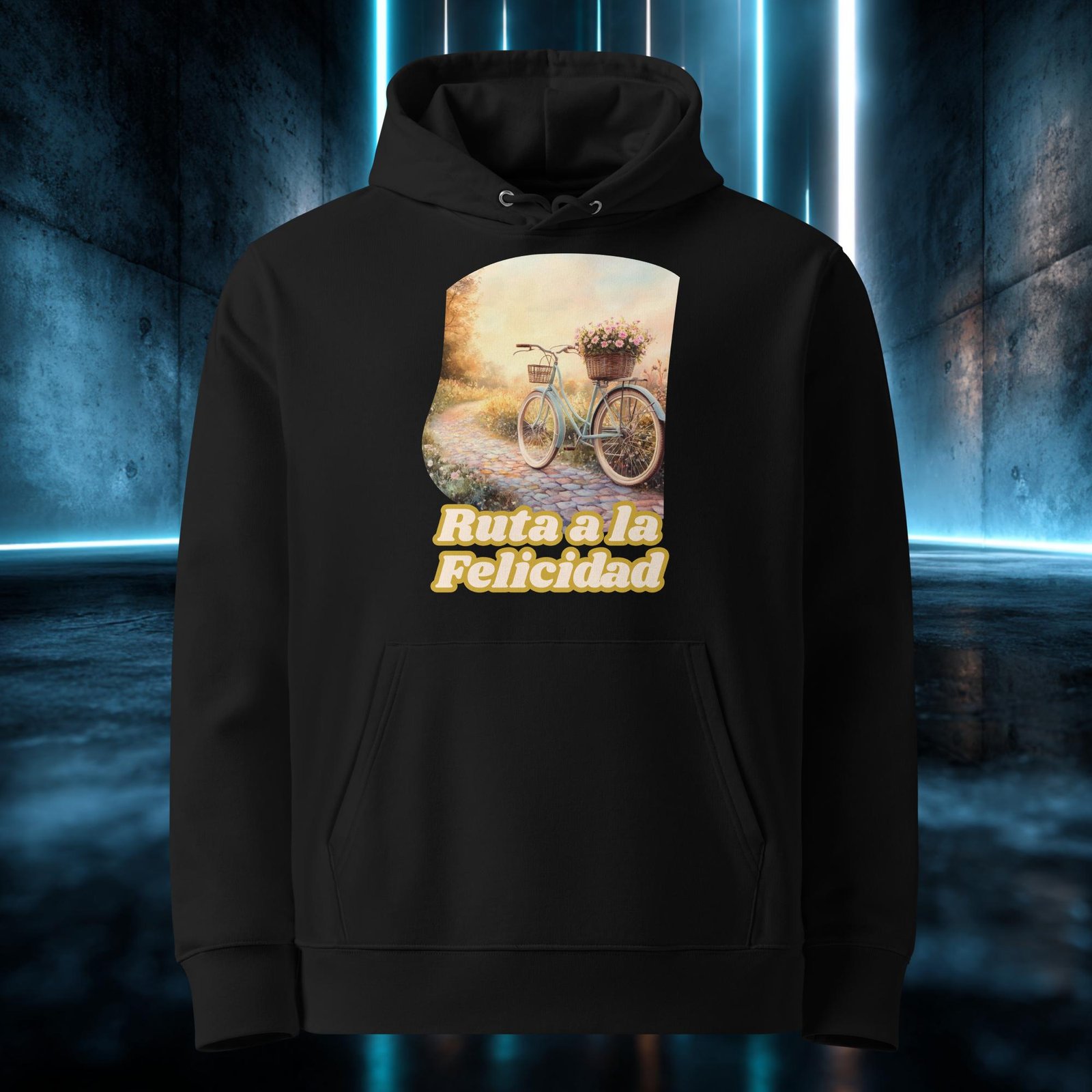 Sudadera orgánica con diseño Ruta a la Felicidad — detalle del estampado