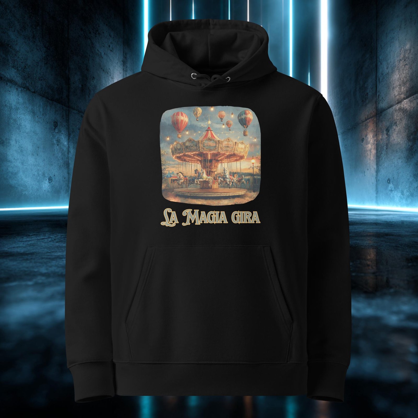 Sudadera orgánica con diseño La Magia Gira — detalle del estampado