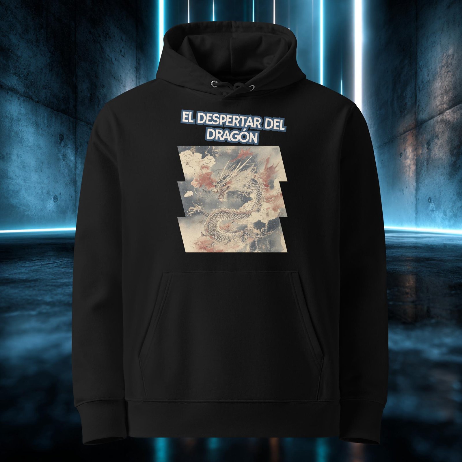 Sudadera orgánica con diseño El Despertar del Dragón — detalle del estampado