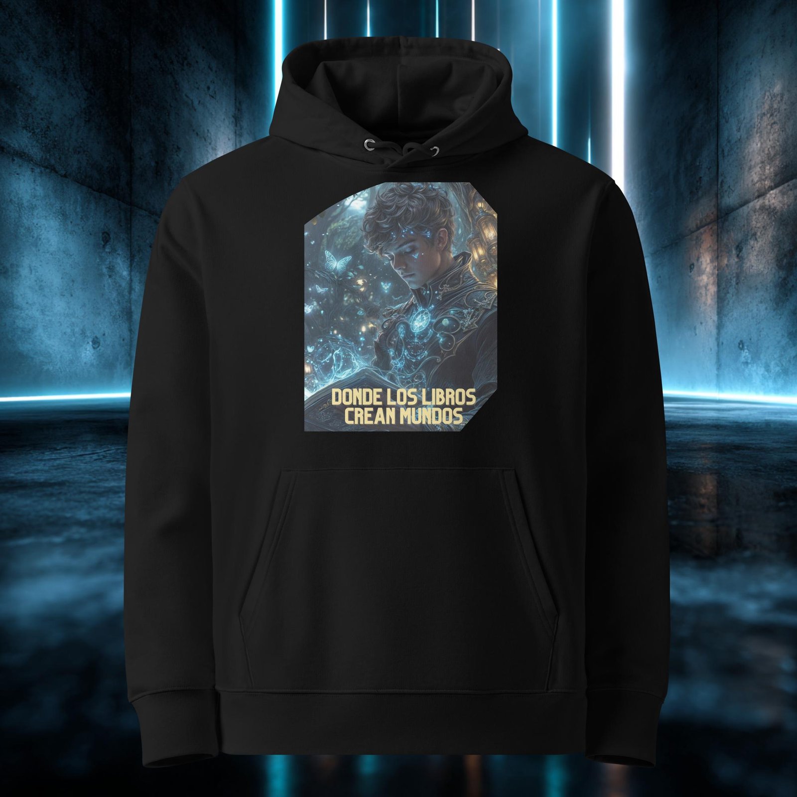 Sudadera orgánica con diseño Donde los Libros Crean Mundos — detalle del estampado