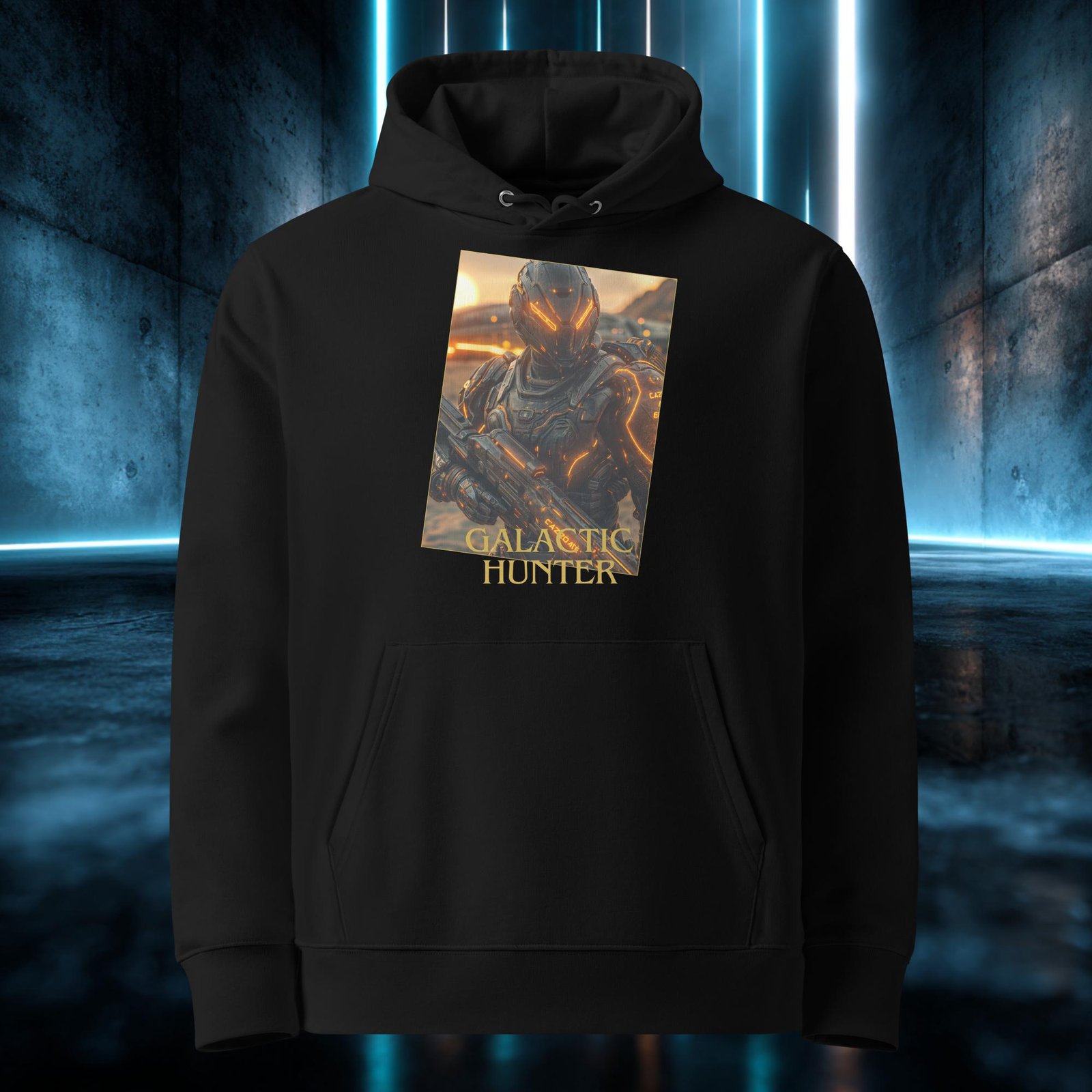 Sudadera orgánica con diseño Cazador Galáctico — detalle del estampado