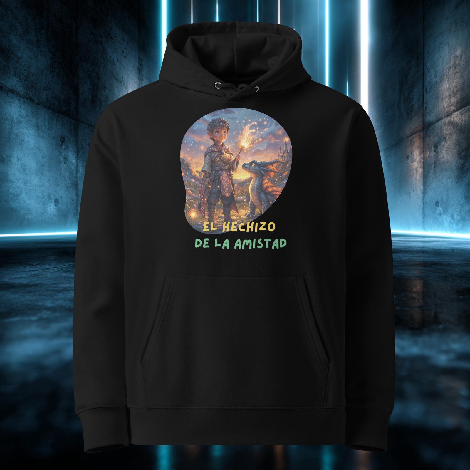 Sudadera orgánica con diseño El Hechizo de la Amistad — detalle del estampado