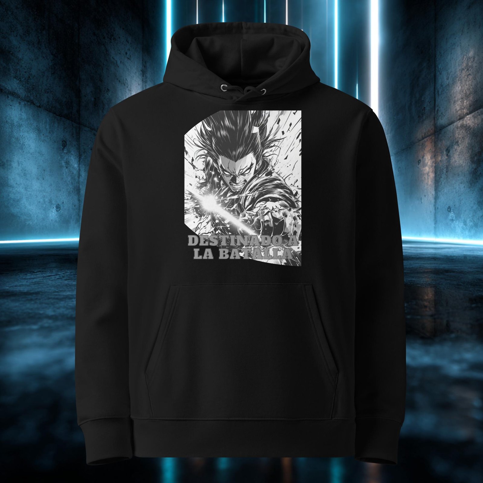 Sudadera orgánica con diseño Destinado a la Batalla — detalle del estampado