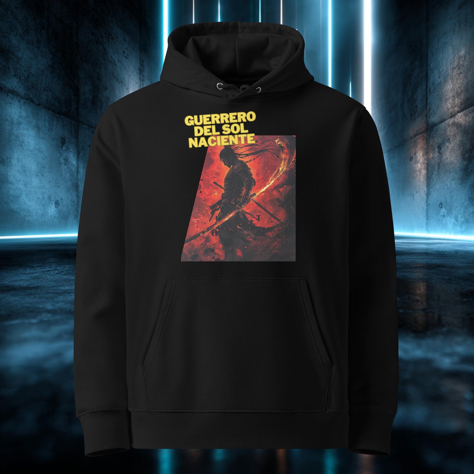 Sudadera orgánica con diseño Guerrero del Sol Naciente — detalle del estampado