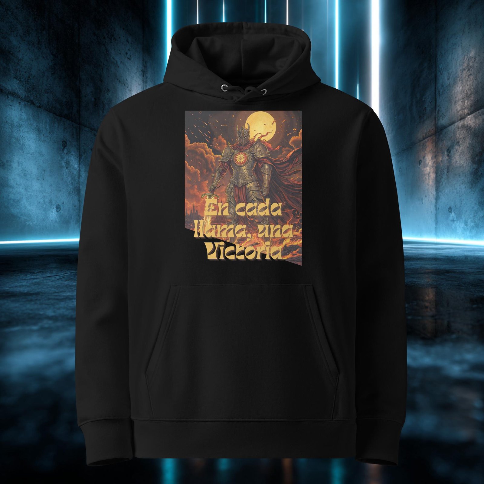 Sudadera negra con capucha de algodón orgánico con el diseño «En Cada Llama, una Victoria»