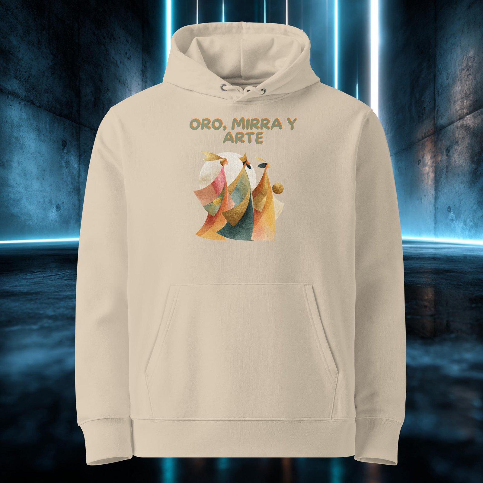 Sudadera orgánica con diseño Oro, Mirra y Arte — detalle del estampado