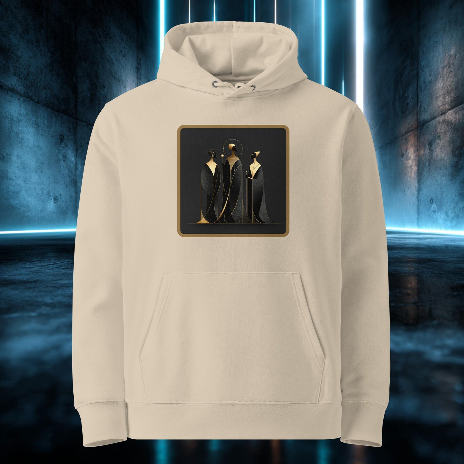 Sudadera orgánica con diseño Tres Siluetas de Oro — detalle del estampado